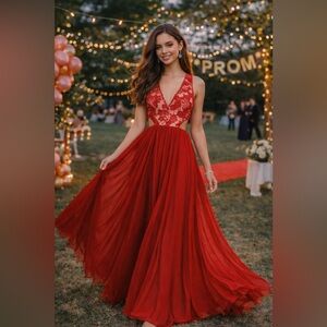 Bariano Red Lace Bodice Cutout Maxi Dress XS Prom Formal Evening Gown Bridesmaid